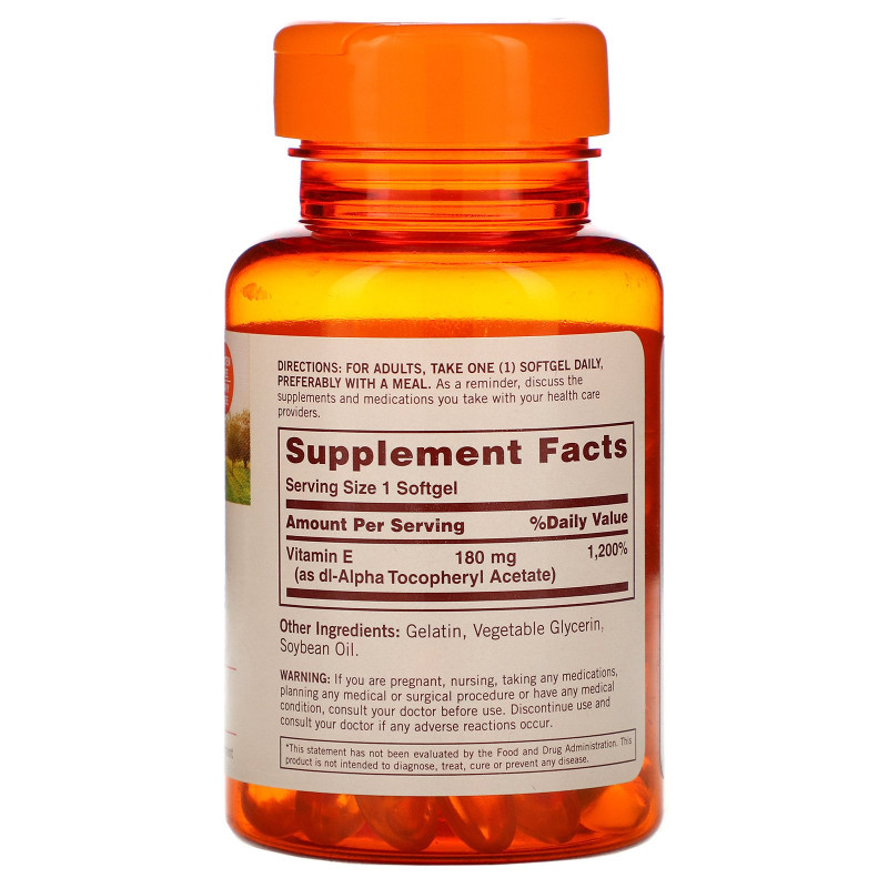 Sundown Naturals, Витамин E, 180 мг (400 МЕ), 100 мягких таблеток
