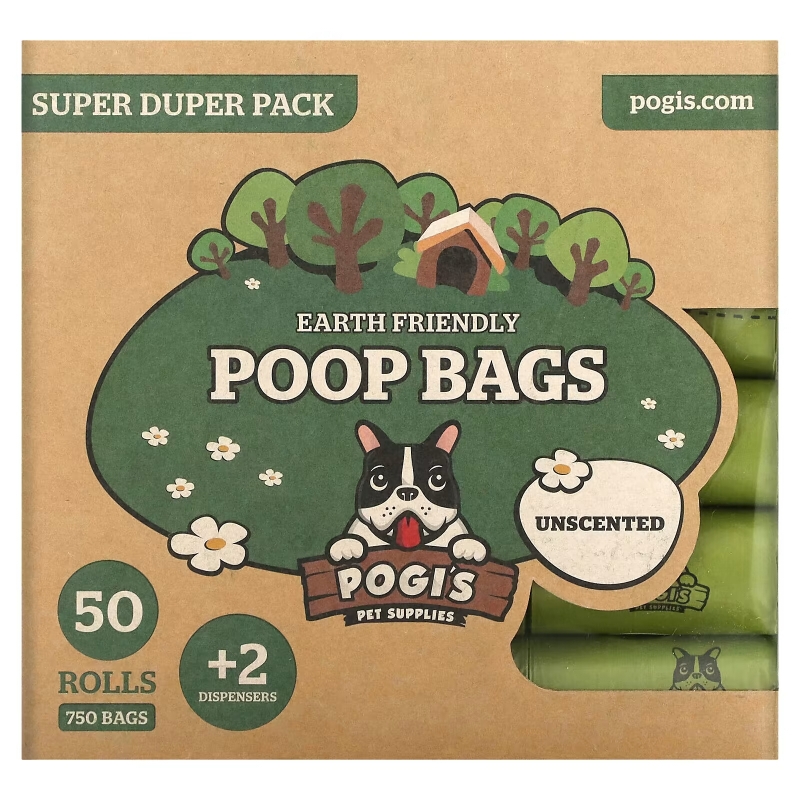 Pogi's Pet Supplies, Earth Friendly Poop Bags, Super Duper Pack, Unscented, 50 Rolls, 750 Bags, 2 Dispensers