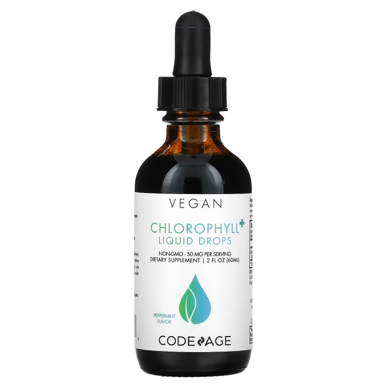 Codeage, Vegan Chlorophyll+ Liquid Drops, Non-GMO, Peppermint, 50 mg, 2 fl oz (60 ml)