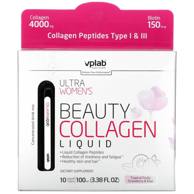 Vplab, Ultra Women's Beauty Collagen Liquid, Tropical Fruits, Strawberry & Kiwi , 4,000 mg, 10 Liquid Tubes